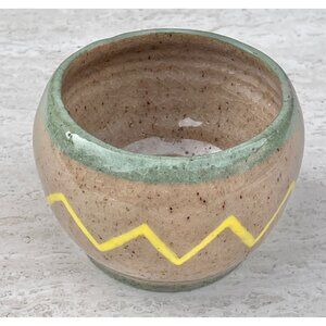 Marked Handmade Ceramic Pot  Green w/ Yellow Zigzag Eagle Stamp 3.5x5 Southwest
